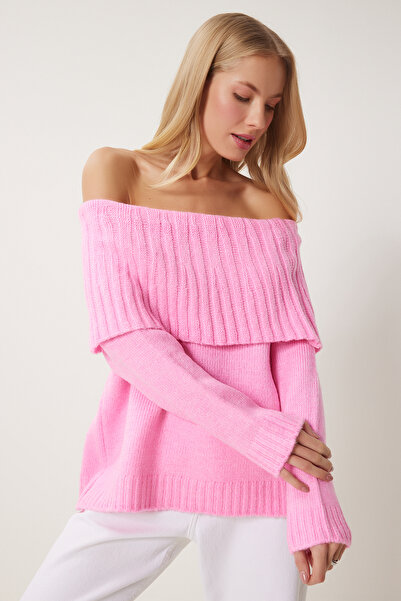 Happiness İstanbul Női rózsaszín Madonna galléros kötöttáru pulóver MT00156