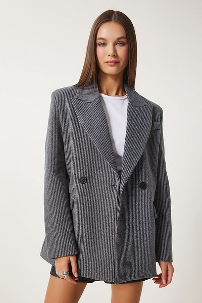 Happiness İstanbul Women's Anthracite Striped Blazer Stamp Jacket Fn03391