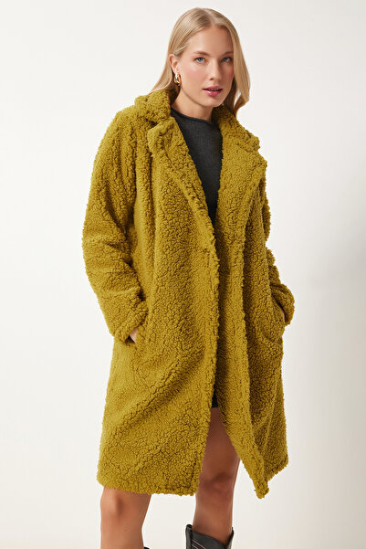 Happiness İstanbul Dámský plyšový kabát s olejovým zeleným límcem Zh00009
