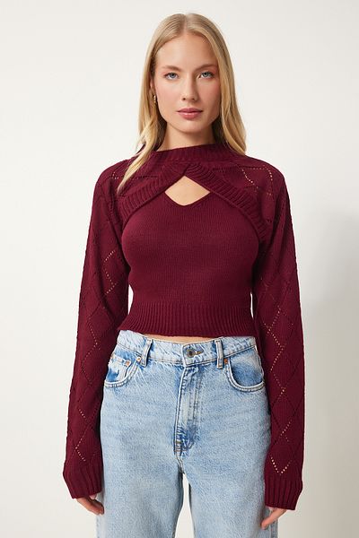 Happiness İstanbul Burgunderroter Rollkragenpullover für Damen, Sportler-Crop-Set MT00153