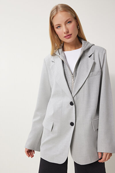 Happiness İstanbul Hellgraue Damen-Blazerjacke mit Kapuze und detailliertem Webmuster FN03440