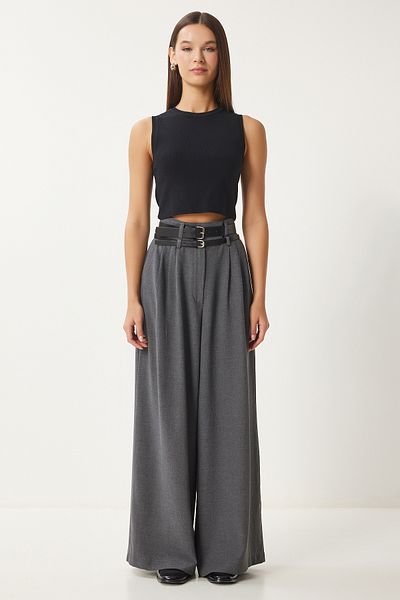 Happiness İstanbul Women's Anthracite Double Belted Loose Culotte Trousers Fn03414