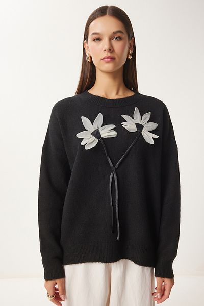 Happiness İstanbul Pulover de damă negru cu detalii florale PF00103