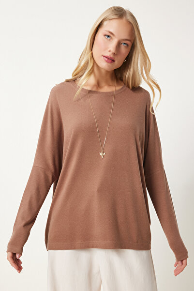 Happiness İstanbul Дамска плетена блуза с кръгло деколте от норка En00616