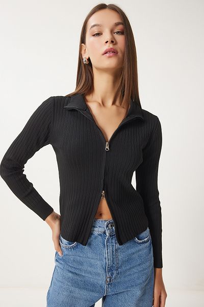 Happiness İstanbul Women's Black Zippered Corded Knitwear Cardigan Fn03411