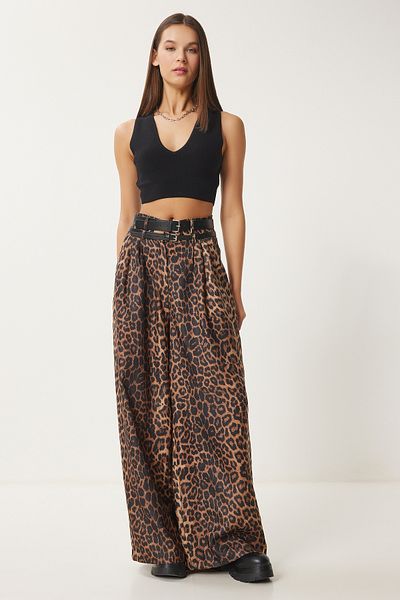 Happiness İstanbul Women's Camel Black Leopard Print Double Belted Culatte Woven Trousers Fn03412