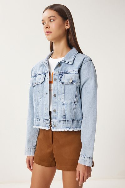 Happiness İstanbul Hellblaue Damen-Jeansjacke mit Quastendetails AN00218