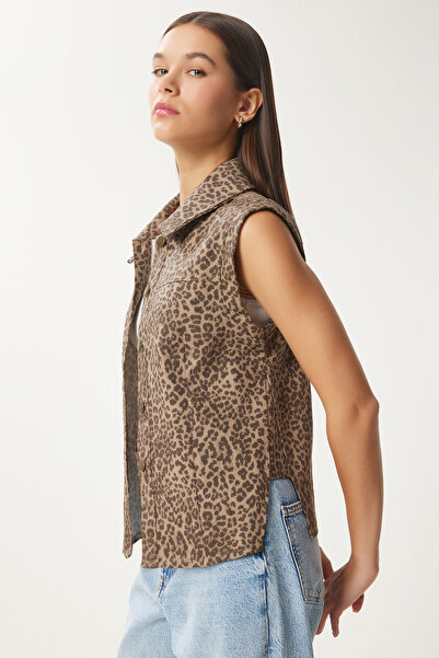 Happiness İstanbul Dámská norkově hnědá leopardí vzorovaná košilový límec džínová vesta Fn03418