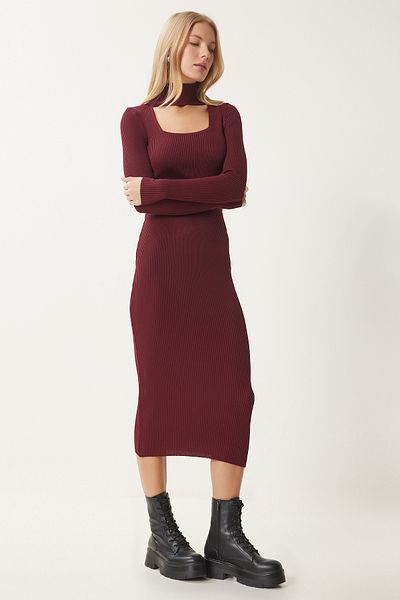 Happiness İstanbul Burgunderrotes, ausgeschnittenes, detailliertes Strickkleid mit Stehkragen für Damen FN03388
