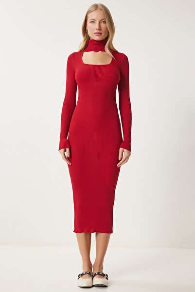 Happiness İstanbul Dámské červené šaty s vykrojeným stojáčkem s žebrovaným úpletem Fn03388