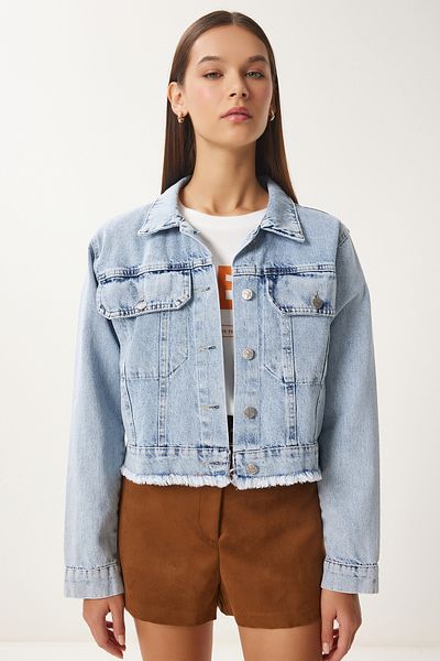Happiness İstanbul Hellblaue Damen-Jeansjacke mit Quastendetails AN00218