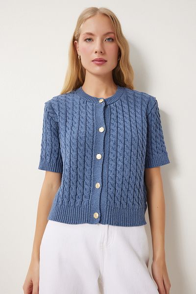 Happiness İstanbul Indigo Blue Hair Braided Crew Neck Women's Knitwear Cardigan - Us00946