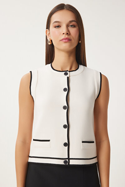 Happiness İstanbul Women's Ecru Contrast Stripe Detailed Knitwear Vest Fn03406