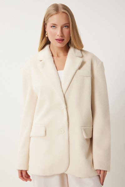 Happiness İstanbul Ecrufarbene Damen-Jacke aus Kunstfell mit zweireihigem Kragen FN03435