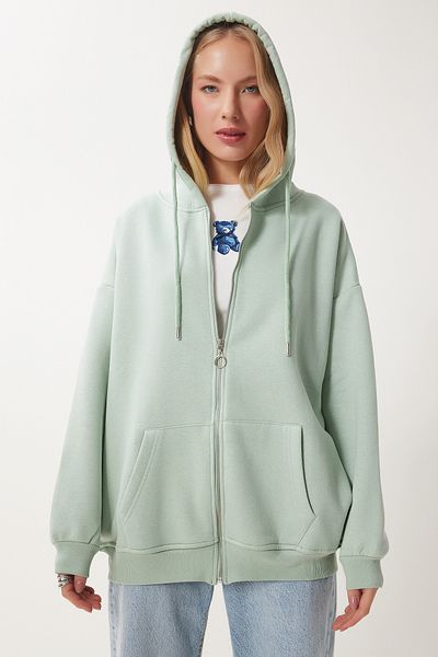 Happiness İstanbul Wassergrünes Oversize-Sweatshirt mit Kapuze und Reißverschluss für Damen UB00124