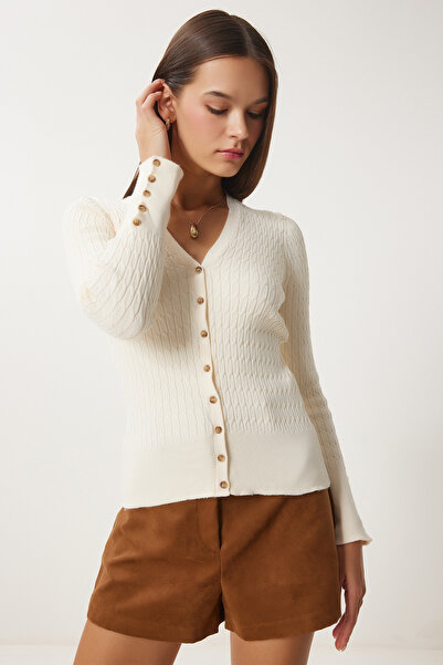 Happiness İstanbul Women's Ecru Thessaloniki Knit Detailed Saran Knitwear Cardigan Fn03399