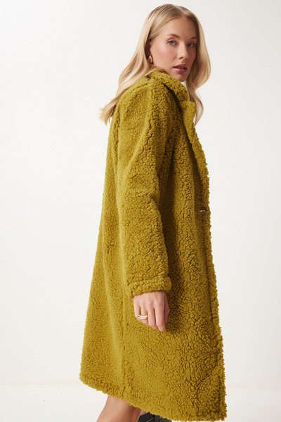 Happiness İstanbul Dámský plyšový kabát s olejovým zeleným límcem Zh00009