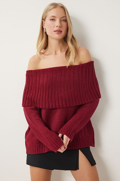 Happiness İstanbul Women's Burgundy Madonna Collar Knitwear Sweater Mt00156