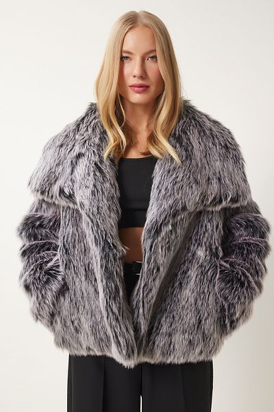 Happiness İstanbul Women's Gray Black Wide Collar Faux Fur Jacket Fn03431