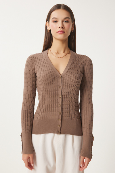 Happiness İstanbul Γυναικεία πλεκτή ζακέτα με βιζόν Θεσσαλονίκη Λεπτομερής Saran Knitwear FN03399