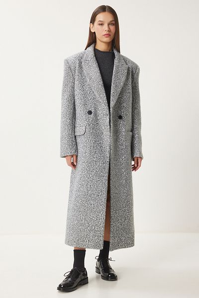 Happiness İstanbul Šedý prémiový oversize dámský kabát Boucle - Fn03422
