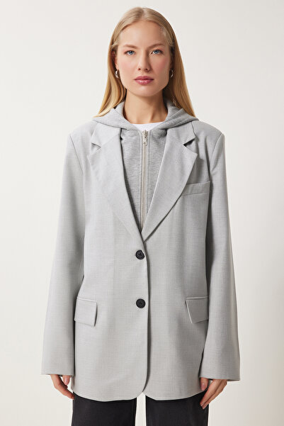 Happiness İstanbul Hellgraue Damen-Blazerjacke mit Kapuze und detailliertem Webmuster FN03440