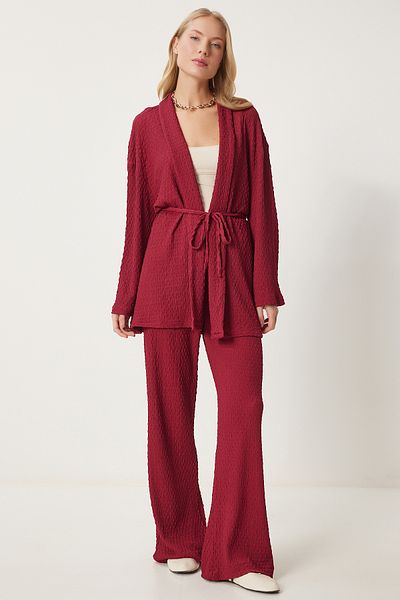 Happiness İstanbul Burgunderfarbenes, strukturiertes, gestricktes Kimono-Hosen-Set für Damen RG00046