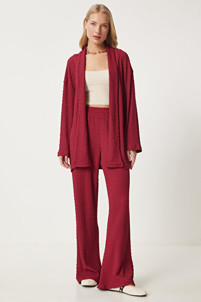 Happiness İstanbul Kadın Bordo Dokulu Örme Kimono Pantolon Takım RG00046