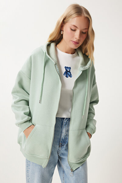 Happiness İstanbul Γυναικείο φούτερ με φερμουάρ Aqua Green Hooded Oversize UB00124