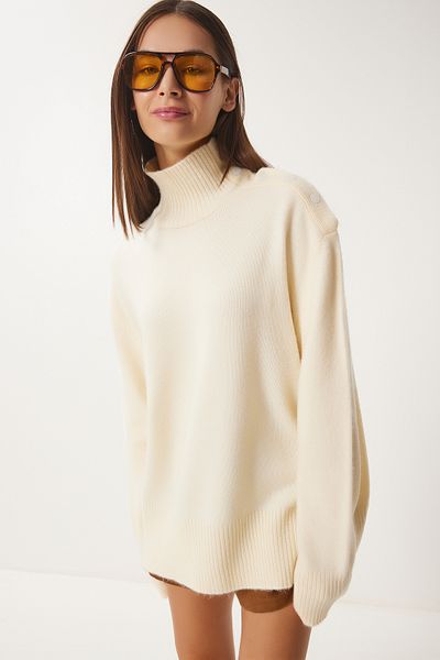 Happiness İstanbul Ecru Rollkragenpullover für Damen FN03390