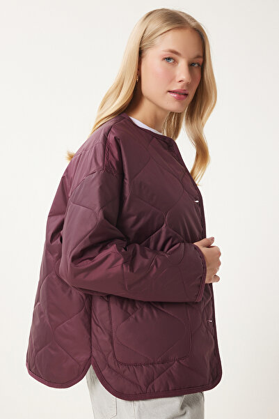 Happiness İstanbul Γυναικείο μπουφάν μπορντό με φαρδιά καπιτονέ τσέπη FN03395