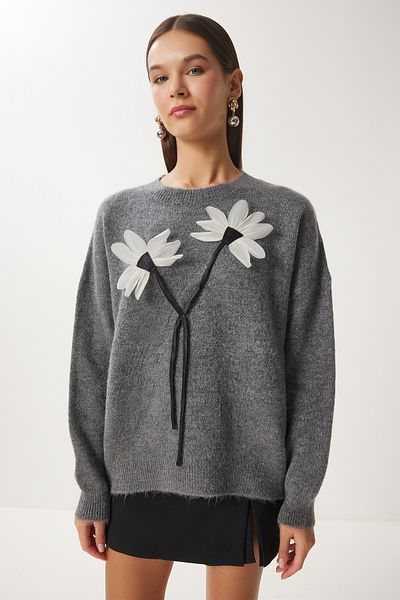 Happiness İstanbul Women's Anthracite Floral Detailed Knitwear Sweater Pf00103