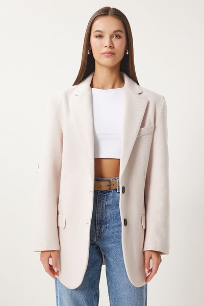 Happiness İstanbul Hellrosa Fischgräten-Blazer für Damen, Kaschmirjacke FN03392