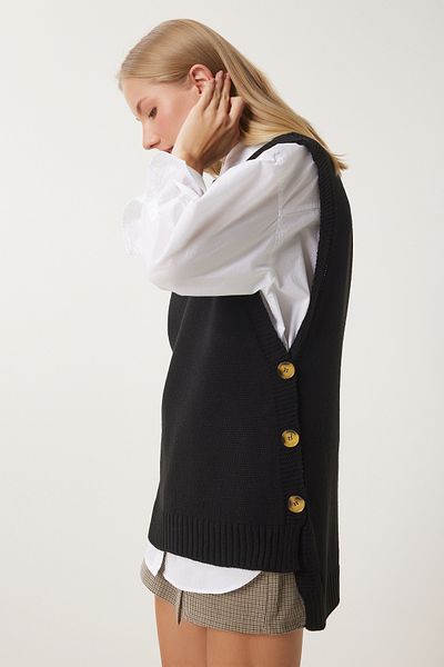 Happiness İstanbul Woman's Black Crew Neck Buttoned Knit Suede YG00100