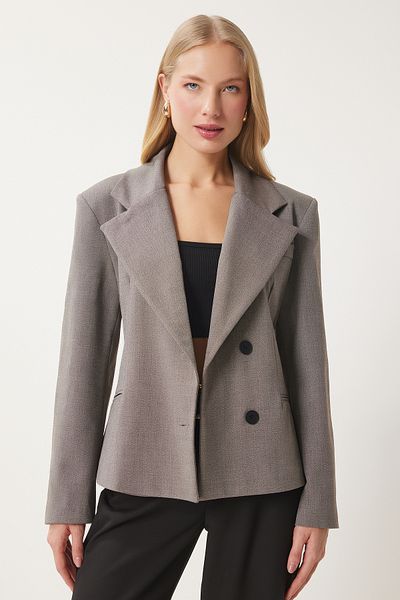 Happiness İstanbul Women's Gray Double Breasted Collar Woven Jacket Fn03410