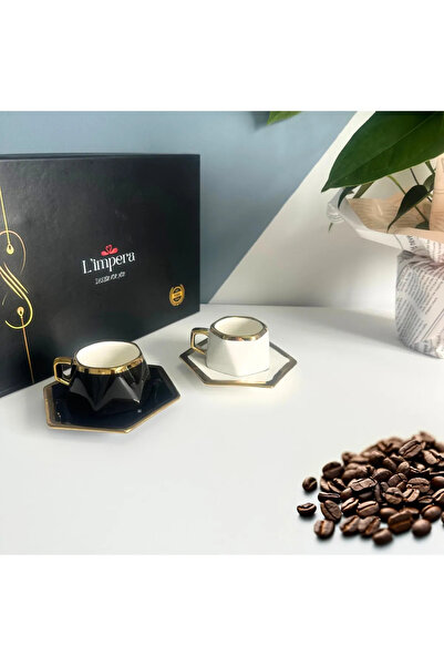 Limpera L'impera Premium 2'li Venedik Serisi Türk Kahvesi Fincan Takımı (Siyah-Beyaz).