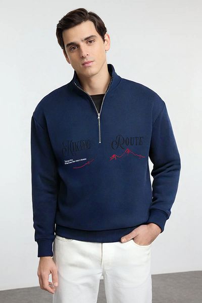 Trendyol Collection Φούτερ Indigo Embroidered Oversize - Fleece, Stand Collar, Zipper TMNAW25SW00073
