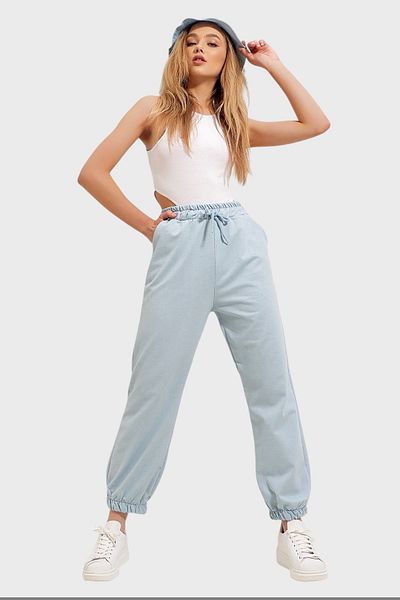 Trend Alaçatı Stili Pantaloni de trening albaștri sezonieri pentru femei, cu două fire, cu picior elastic ALC-Y2933