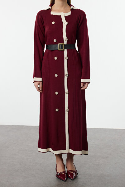 Trendyol Modest Burgundy Belted Buttoned Knitwear Color Block Dress Tctaw25Eb00066