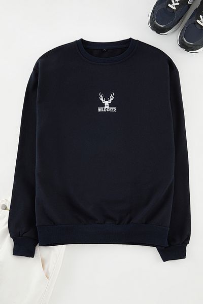 Trendyol Collection Sötétkék túlméretes/széles kivágású nyakú, hosszú ujjú, állati hímzésű pulóver TMNAW24SW00169