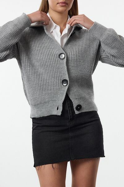 Edit by Trendyol Gray Button Detailed Turn-Down Collar Regular Knitwear Cardigan Tedaw25Hi00011
