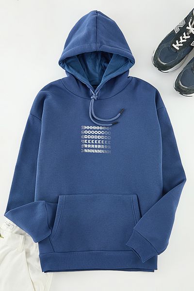 Trendyol Collection Φούτερ Indigo Fleece - Υπερμεγέθη, Ζεστό, TMNAW24SW00201