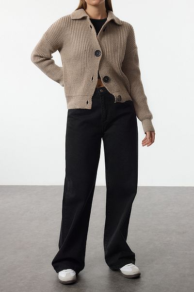 Edit by Trendyol Mink Button Detailed Turn-Down Collar Regular Knitwear Cardigan Tedaw25Hi00011