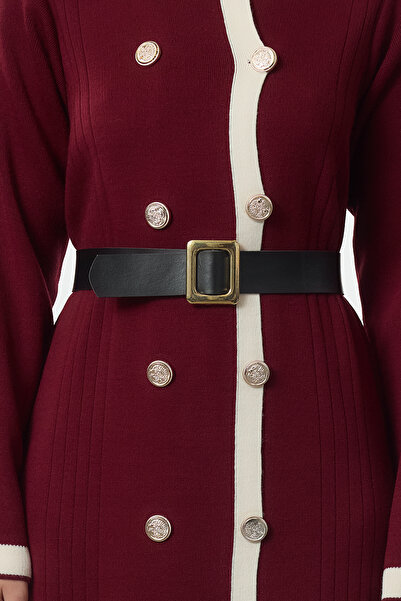 Trendyol Modest Burgundy Belted Buttoned Knitwear Color Block Dress Tctaw25Eb00066
