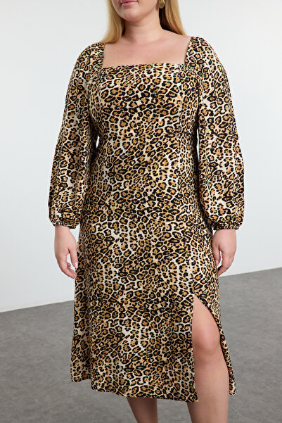Trendyol Curve Leopard Print Plus Size Midi Dress with Balloon Sleeves - Tbbaw25Ah00027