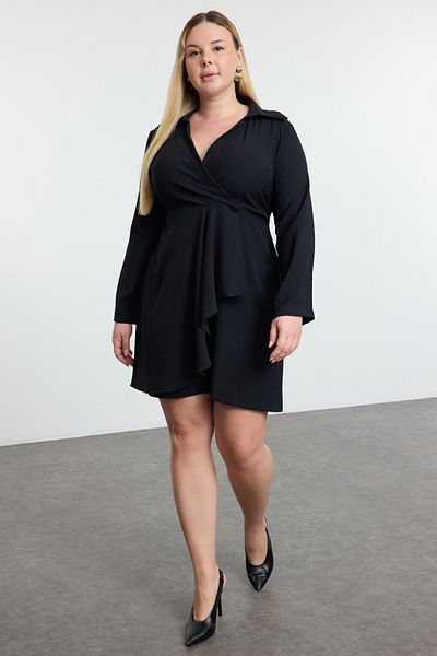 Trendyol Curve Plus Size Black Stretchy A-Cut Dress - Double Breasted Coverage and Guiped Back Tbbaw25Ah00094