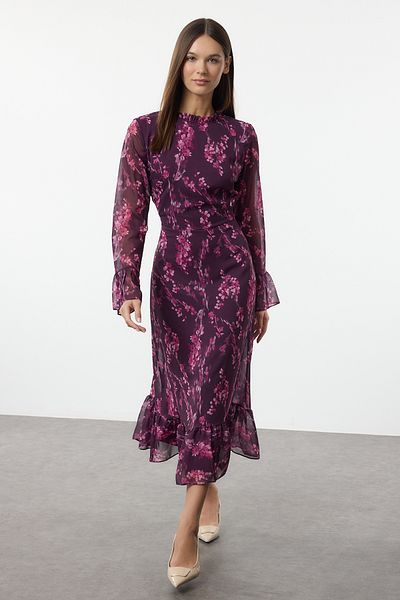 Trendyol Collection Rochie midi în formă de A cu imprimeu floral de prune - guler vertical, șifon căptușit, iarnă - TWOAW25EL00173