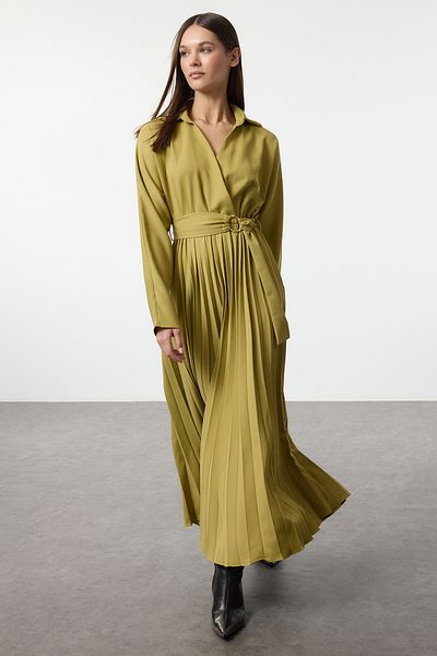 Trendyol Collection Φούστα με πλισέ διπλό στήθος μάξι υφαντό φόρεμα με λαδί πράσινη ζώνη TWOAW25EL00234