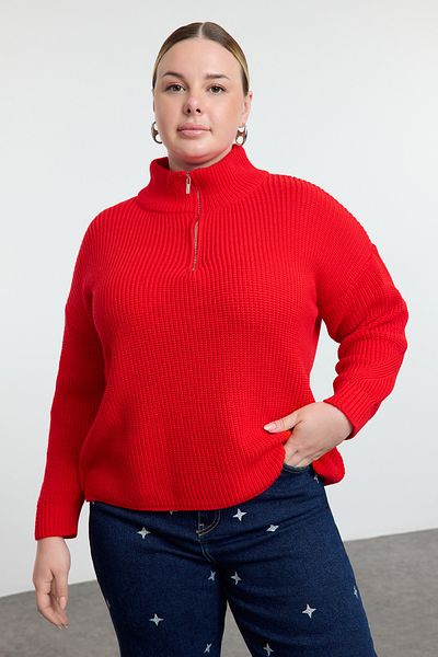 Trendyol Curve Red Zip Collar Knitwear Sweater Tbbaw25An00026