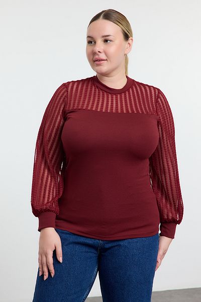Trendyol Curve Bordový stojačik s čipkovaným telom pletená blúzka veľkej veľkosti TBBAW25AF00010